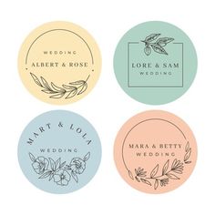 four wedding stickers in pastel colors with flowers and leaves on the top one