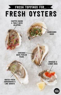 fresh oysters on the half shell with their names and ingredients labeled in black text