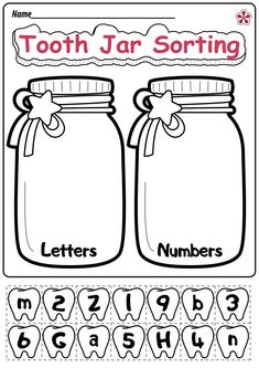 a printable tooth jar sorting worksheet with the letters and numbers in it