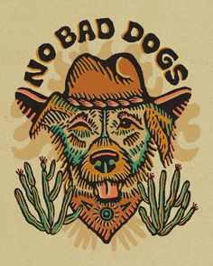 a drawing of a dog wearing a cowboy hat with cactuses around it's neck