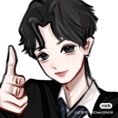 a drawing of a person with black hair giving the thumbs up sign while wearing a suit and tie