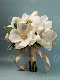 a bridal bouquet with white flowers and gold ribbons on a blue background, ready to be used as a brides bouquet