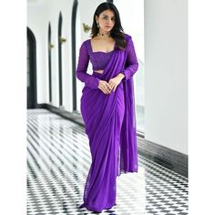 Buy Georgette Purple Predraped Saree Paired With an Exquisitely Crafted Purple Beads Handwork Blouse to Wear at Weddings, Parties, or Gatherings Online in India - Etsy