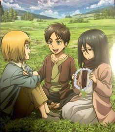 an anime poster with three people sitting on the grass and one is holding a wreath