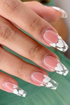 Clear Valentine Nails, Clear Nails With Heart Design, Valentine’s Day Nail Inspiration, Glittery Valentines Nails, Clear Valentines Day Nails, Acrylic Nail Designs Love Heart, Cute Valentine’s Day Nails French Tip, Clear Heart Nails, Clear Nail Ideas Short