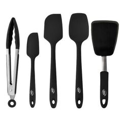 four different types of spatulas and tongs on a white background with black handles