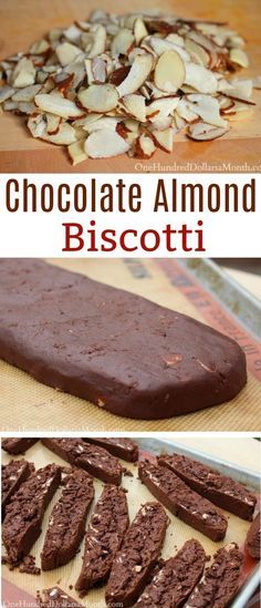 chocolate almond biscotti on a cutting board with the words, chocolate almond biscotti