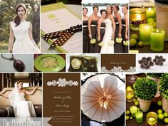 a collage of photos with green and brown wedding decorations, flowers, candles, and bride's dress