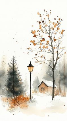 a watercolor painting of a snowy scene with a lamp post and tree in the foreground