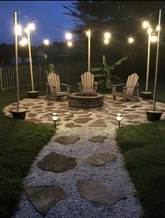 an outdoor fire pit surrounded by chairs and lights