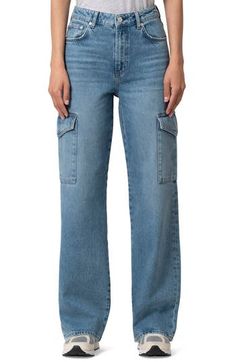 Cargo-style pockets bring a utility-inspired twist to high-waist jeans cut from sturdy nonstretch denim in a lightly faded wash. 30" inseam; 21 1/2" leg opening; 11 1/2" front rise; 14 1/2" back rise (size Medium) Five-pocket style; cargo flap-patch pockets 100% cotton Machine wash, dry flat Made in Turkey High Rise Cargo Jeans With Hip Pockets For Fall, Fall High Rise Cargo Jeans With Hip Pockets, Light Wash Utility Cargo Jeans With Hip Pockets, Medium Wash High Rise Jeans With Pockets, Mid-rise Utility Cargo Jeans With Hip Pockets, High Rise Medium Wash Jeans With Pockets, Light Wash Mid-rise Utility Flare Jeans, Utility Style Light Wash Flare Jeans With Pockets, Light Wash Utility Flare Jeans