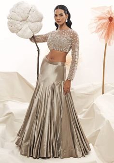 Earthy Grey Silk Lehenga Set Payal & Zinal - Fabilicious Fashion Payal Zinal, Modern Lehangas, Indian Garments, Lehenga Outfits, Tulle Blouse, Frock Designs, Silver Skirt