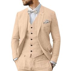 Category:Linen Suits; Embellishment:Pocket; Season:Spring, Fall, Winter, Summer; Fabric:Linen Blended; Includes:Vest,Pants,Jacket; Occasion:Wedding; Fit Type:Tailored Fit; Jacket Buttons:Single Breasted Two-buttons; Jacket Pockets:Straight Flapped; Vest Buttons:5; Pattern:Solid Colored; Neckline:Notch; Listing Date:05/12/2023; Production mode:External procurement; Pant Length:; Pants Waist:; Shoulder Width:; Sleeve Length:; Bust:; Hips:null; Clothing Length:; Number of Pieces:3 Piece; Design:Cla Linen Wedding Suit, Linen Suits For Men, Tuxedo Shirt Men, Womens Basic Tops, Mens Outdoor Jackets, White Champagne, Cotton Linen Pants, Linen Suits, Trench Coat Men