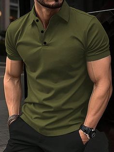 Army Green Casual Collar Short Sleeve Fabric Plain  Embellished Medium Stretch Summer Men Clothing Green Polo Shirt Outfit Men, Mens Polo Shirt Outfit Classy, Mens Polo Shirt Outfit, Polo Shirt Outfit Men, Polo Shirt Outfits, Green Polo Shirts, Men Clothing, Mens Polo Shirts, Polo Shirts