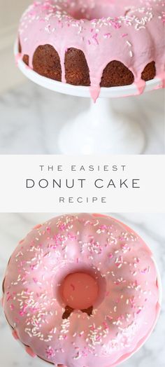 two cakes with pink frosting and sprinkles on them, one has a bundt cake in the middle