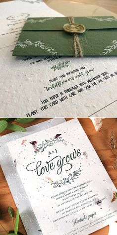 the wedding stationery is made from paper and has an envelope that says love grows