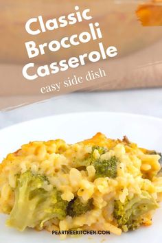 broccoli casserole on a white plate with text overlay