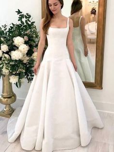 A Line White Satin Long Prom Dresses, Open Back Ivory Formal Graduation Evening Dresses SP2903 Prom Dresses Open Back, Square Neck Wedding Dress, Dresses Open Back, Backless Bridal Gowns, Boho Gown, Neck Wedding Dress, Dream Wedding Ideas Dresses, Wedding Dresses Satin, Custom Size Dresses