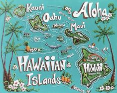 a map of the hawaiian islands with palm trees and other tropical animals on it's sides