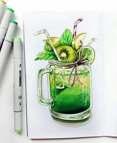 a drawing of a green smoothie in a mason jar with kiwis and mint