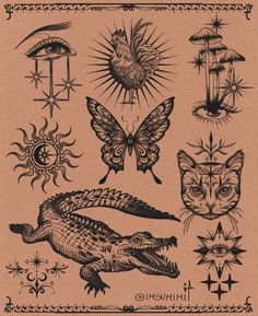 an old fashioned tattoo design with cats and other animals