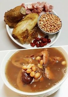 two plates with meats, beans and other food items on them are shown side by side