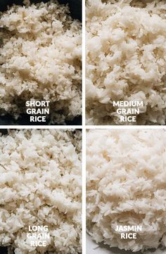 four pictures show how to cook rice in a skillet, including short grain and long grain rice