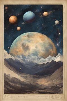 an image of planets in the sky with mountains