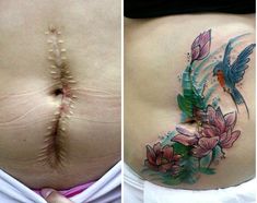 before and after photos of a woman's stomach with tattoos on the side, from left to right