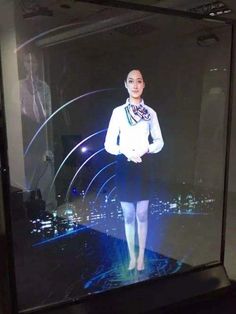 a display case with an image of a woman in white shirt and skirt on it