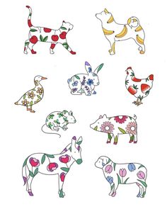 six farm animals painted in different colors