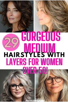 Find 29 gorgeous medium hairstyles with layers for women over 50! Refresh your style with modern layered looks. #LayeredHairstyles #MediumCuts #WomenOver50 Hairstyles With Layers, Layered Curls, Haircuts For Medium Length Hair, Hair To One Side, Hair Color Burgundy