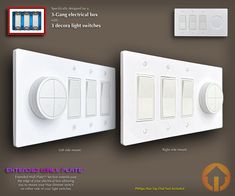 two white electrical switches and one light switch on a brown background with text below it