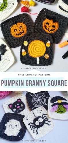 there are crocheted pumpkin grannys and other items on the table with text overlay that says, free crochet pattern pumpkin granny square