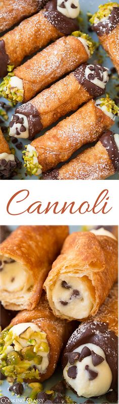 chocolate covered croissants are stacked on top of each other with the word, cannola