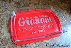 a personalized glass tray on a granite countertop with the words, family favorite