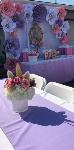 a table topped with a cake and cupcakes