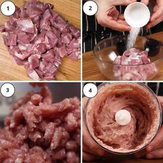 four pictures showing how to make meat in a food processor