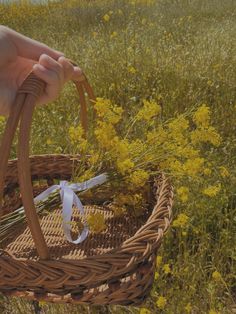 a person holding a basket with flowers in it on the side of a road next to some grass and yellow flowers