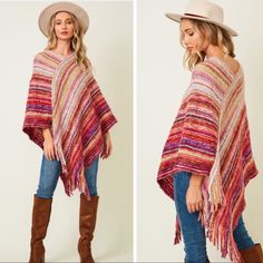 two pictures of a woman wearing a hat and a ponchy shawl with fringes