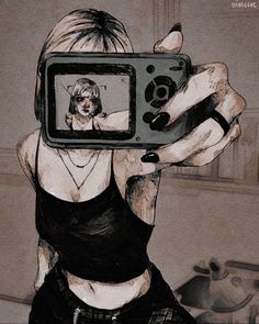 a drawing of a woman taking a selfie with a camera in front of her