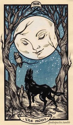 a drawing of a wolf standing in front of a tree with the moon above it