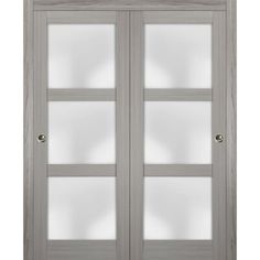 an image of a double door with frosted glass and wood trims on the sides