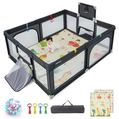 a baby playpen with various toys and accessories for it's babies to use