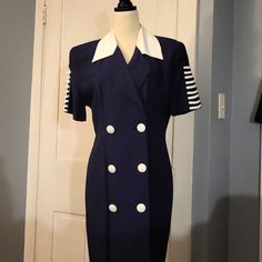 White On Navy Vintage Dress With Cool Cutout Detail At Back And Sleeves. This Dress Is Unlined With Double Breasted Covered Buttons. Really Awesome For Astatement Piece Workwear. I Can't Button This But It Looks Great As A Jacket With Jeans And A Tank. A Sexy Pair Of Boots Or Pumps Would Accent This Nicely! Flat Measurements: 40" Bust 32" Waist Good Vintage Condition. Imperfections Shown In Pictures. Feel Free To Comment With Questions Or Send Me An Offer! Jacket With Jeans, Navy Dress, Vintage Dress, Covered Buttons, Double Breasted, Vintage Dresses, Looks Great, Work Wear, Blue White