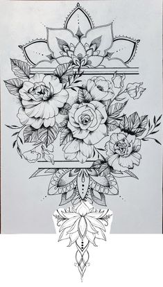 a black and white drawing of flowers with an ornate border around the edges on a sheet of paper