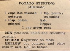 two pieces of paper with instructions on how to make potato stuffing