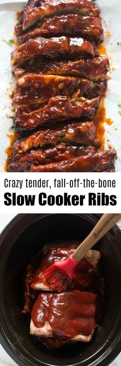 slow cooker ribs in the crock pot with text overlay that reads crazy tender, fall off the bone slow cooker ribs