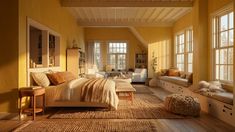 a bedroom with yellow walls and wooden flooring is pictured in this image, there are two windows on either side of the bed