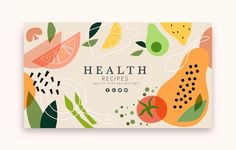 a business card with an image of fruits and vegetables on the front, which reads health recipes healthy food and drinks